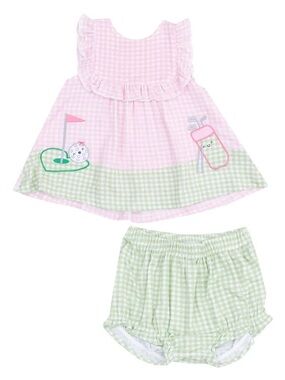 Adorable Pink & Green Gingham Baby Dress with Golf Appliqué